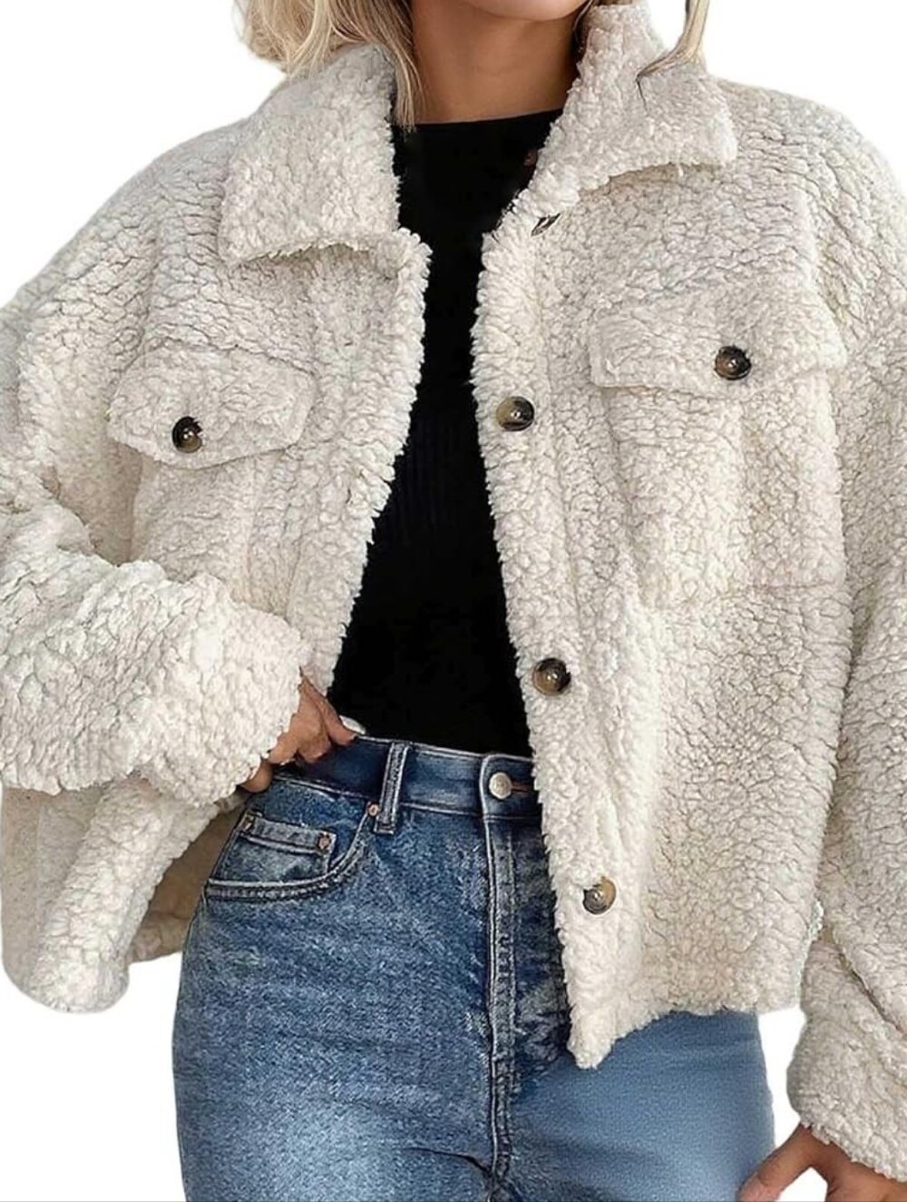 Cozy Cream Sherpa Jacket - Women's Plush Button-Up Coat